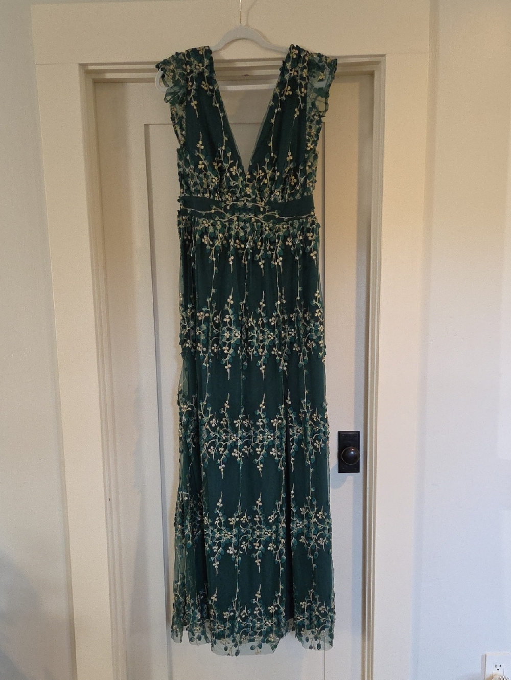 Emerald Green Embroidered V-Neck Maxi Dress